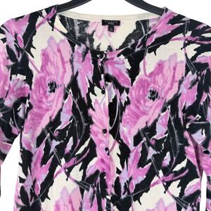 Talbots Cardigan Silk Cotton Women Small Pink Floral 3/4 Sleeve Button Front